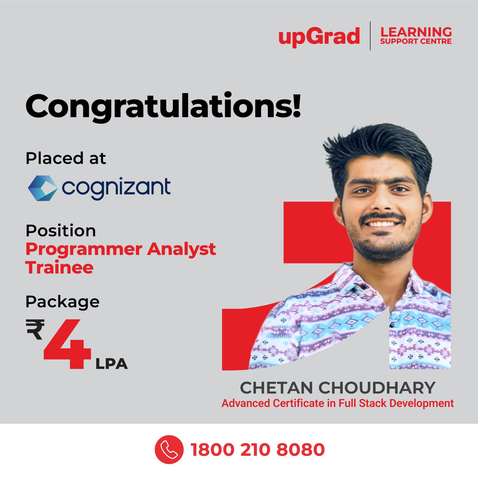 Chetan Choudhary placed at Cognizant as a Programmer Analyst Trainee with a package of 4 LPA